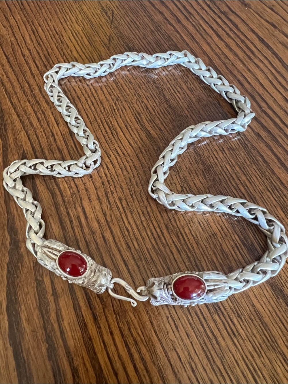Braided Tibetan Silver Dragon Necklace with Carnelian Cabochons